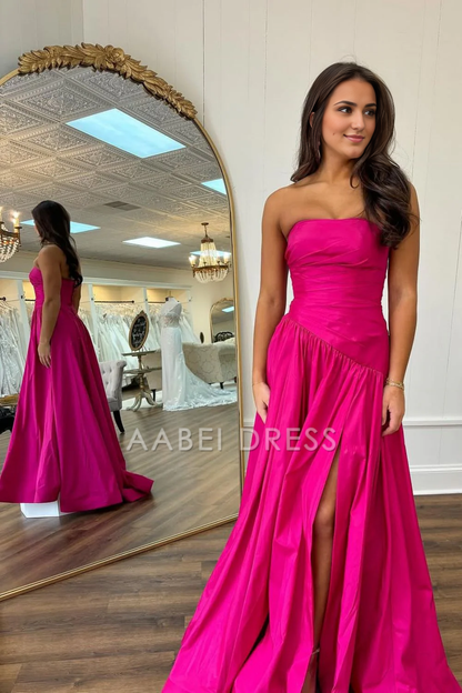 AABEI DRESS Hot Sale Prom Dress Simple A-Line Strapless Long Satin with Slit Elegant Formal Dress