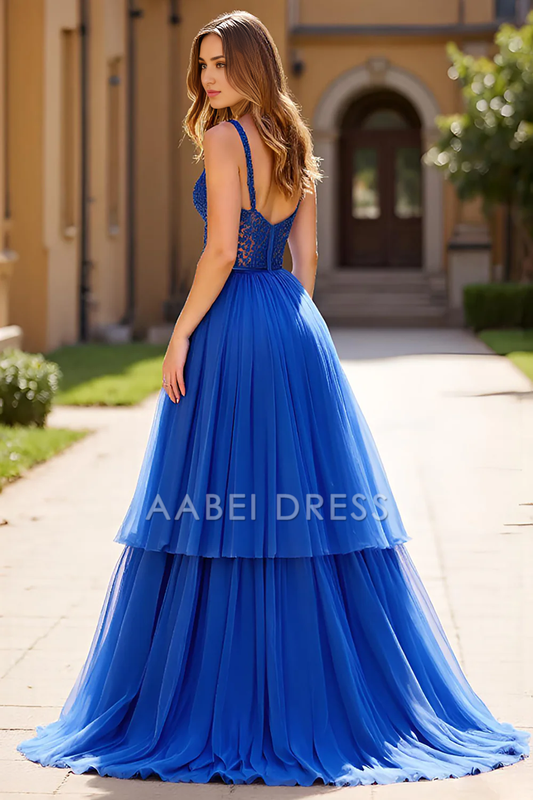 Royal Blue Tulle A-Line V-Neck Back Zip Floor-Length Dress