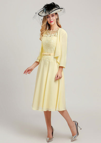 Elegant Wedding Guest Dresses Yellow Chiffon A-line Scoop Neck Sleeveless Lace Applique Sashes With Long Sleeves Jacket Two-Piece Tea-Length Bargain Mother of the Bride Dress