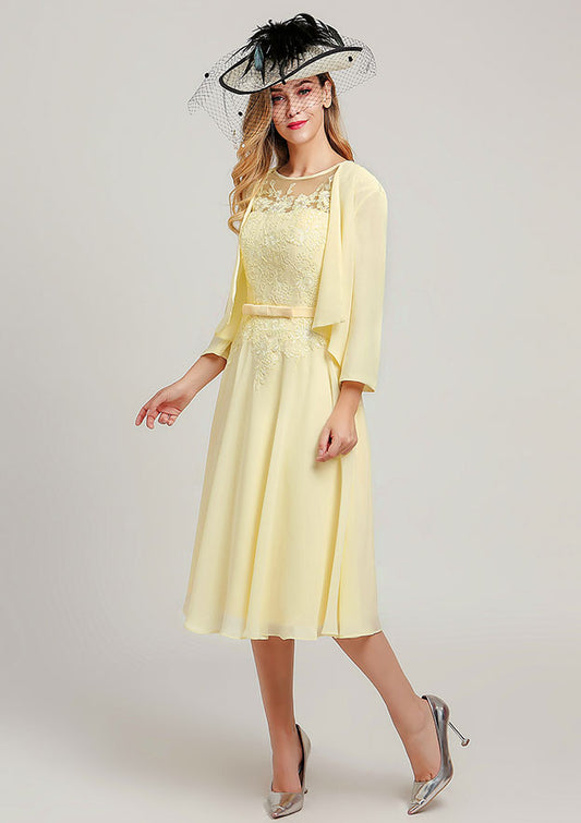 Butter Chiffon A-Line Illusion Neck Back Zip Tea-Length Dress