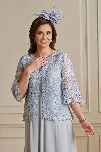 Dignified Silver 2 Piece Lace Jacket with 3/4 Long Sleeve Chiffon Layering Ruched Retro Midi Wedding Guest Dress Hot Sale Mother of the Bride Dresses
