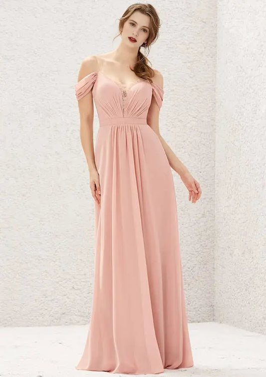 Elegant Chiffon A-line Sweetheart Lace Sleeveless With Pleated Backless Affordable Floor-Length Bridesmaid Dress