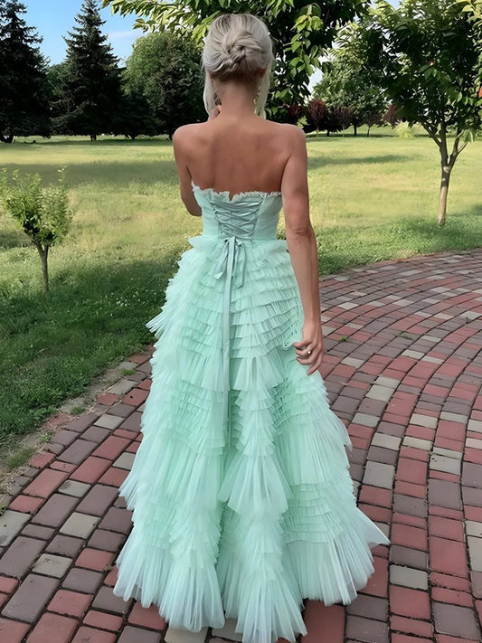 Mint Green Gorgeous Tulle A Line Strapless Tiered Ruffles High-low Hem Fashion Wedding Guest Dress Long Hot Sale Prom Dresses