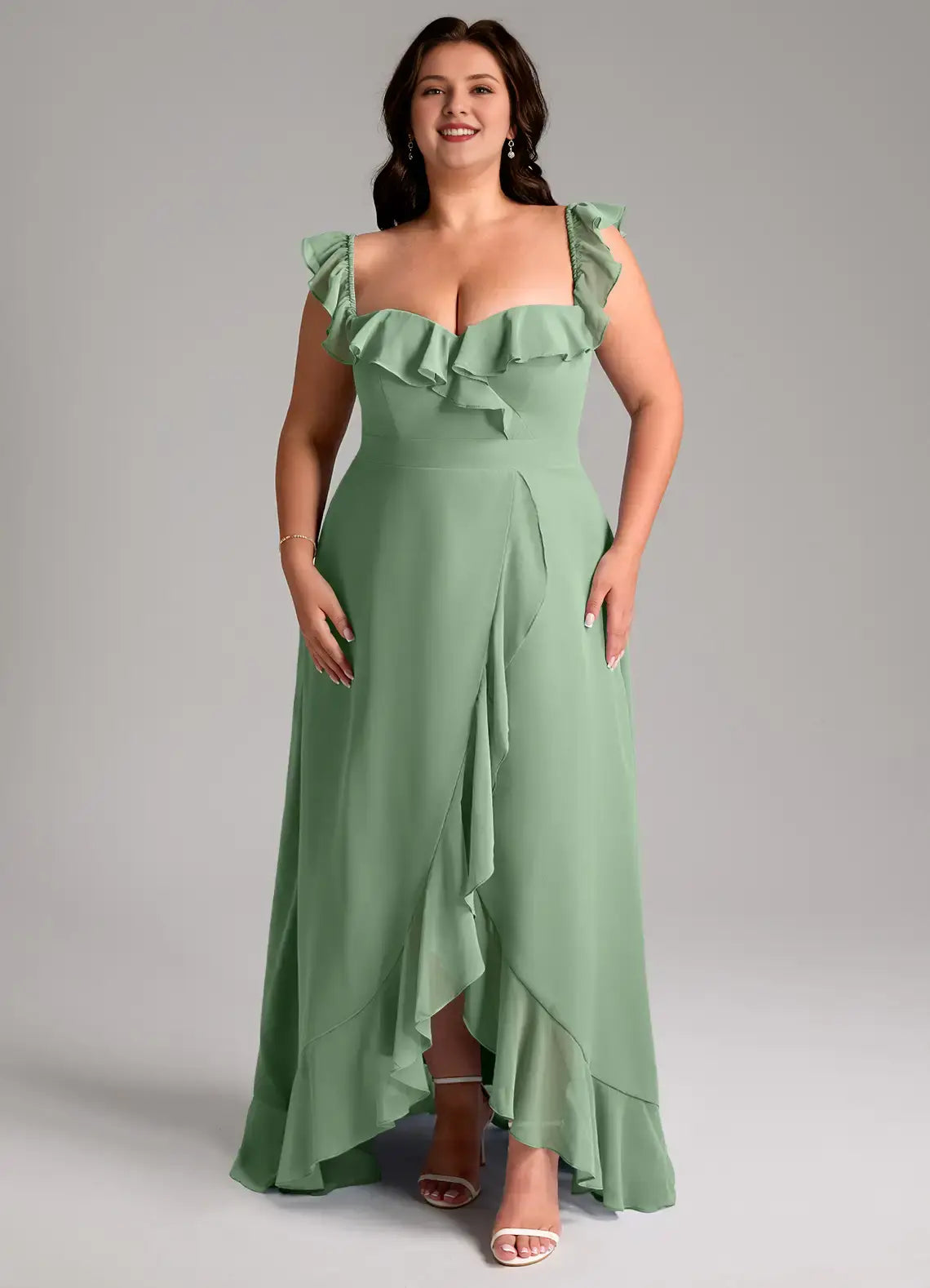 Wedding Guests Dresses Mint Green Cute A-Line Off Shoulder Sweetheart Sleeveless Chiffon Ruffles Backless Floor-Length Plus Size Formal Dress Discount Hot Sale Prom Dress