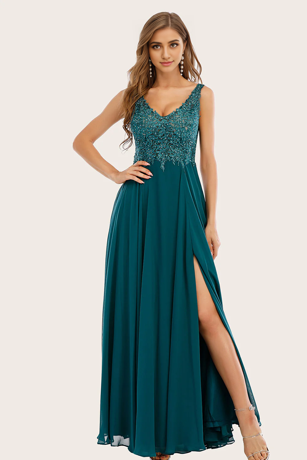AABEI DRESS Hot Sale Prom Dress Elegant Chiffon A Line V Neck Backless Side Fork Long Formal Dress