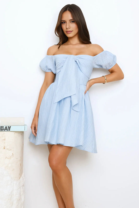 Light blue A Line off shoulder bow decoration bubble sleeve sweet Cute Mini Dress Hot Sale Homecoming Dress