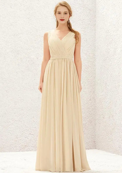 Elegant Champagne Chiffon A-line V Neck Sleeveless Sashes Pleated Back Lace Appliqued Affordable Floor-Length Bridesmaid Dress