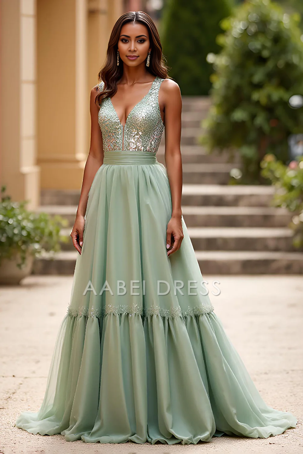 AABEI DRESS Hot Sale Prom Dress Exquisite A Line V-Neck Ruched Fashion Long Formal Dress