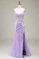 Sparkly Sequin Light Purple Party Dress Mermaid Spaghetti Strap Corset V Neck Beadwork Backless with Slit Charming Long Hot Sale Prom Dresses