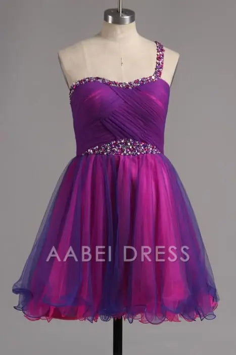 AABEI DRESS New Homecoming Dress A-line One Shoulder Tulle Ruffles with Beads Sparkle Short Prom Dress