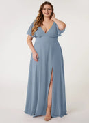 Wedding Guests Dresses Dusty Blue A-Line Deep V Neck Flounce Sleeve Chiffon Side Fork Floor-Length Elegant Plus Size Formal Dress Discount Hot Sale Prom Dress