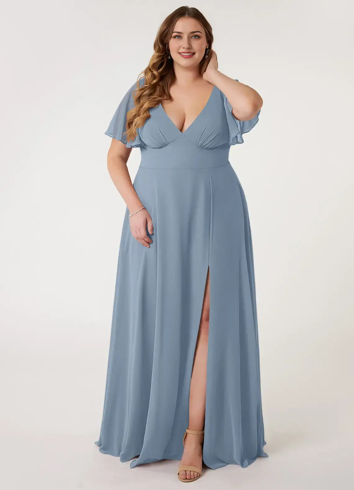 Wedding Guests Dresses Dusty Blue A-Line Deep V Neck Flounce Sleeve Chiffon Side Fork Floor-Length Elegant Plus Size Formal Dress Discount Hot Sale Prom Dress