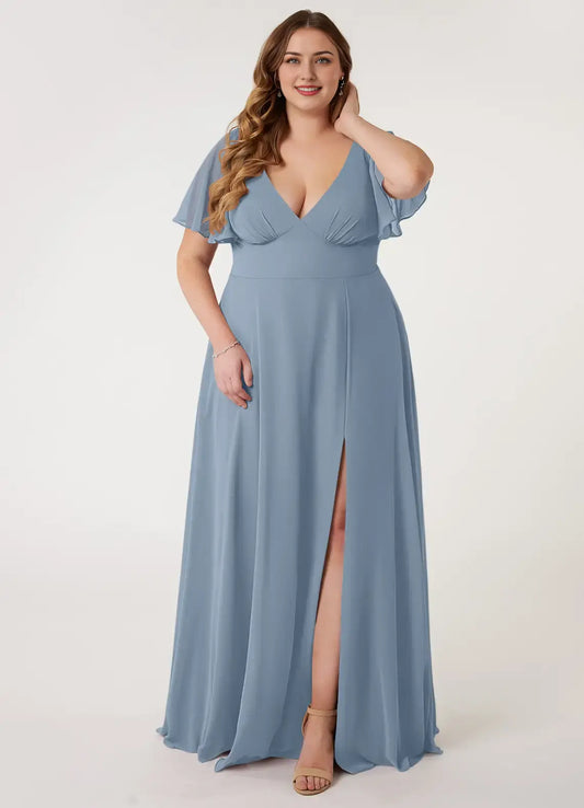 Wedding Guests Dresses Dusty Blue A-Line Deep V Neck Flounce Sleeve Chiffon Side Fork Floor-Length Elegant Plus Size Formal Dress Discount Hot Sale Prom Dress