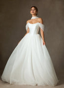 Fashion White Tulle A Line Off Shoulder Scoop Neck Sleeveless With Scarf Ruched Hem Hot Sale Wedding Dress