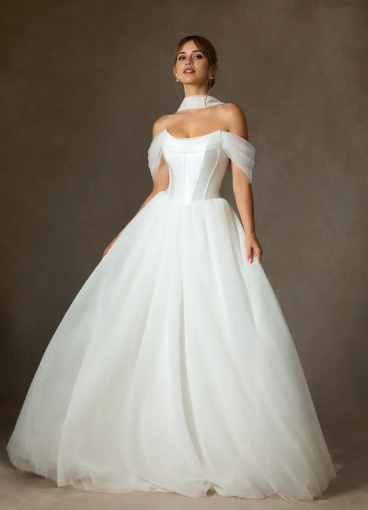 Fashion White Tulle A Line Off Shoulder Scoop Neck Sleeveless With Scarf Ruched Hem Hot Sale Wedding Dress