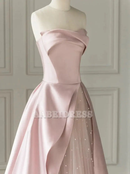 Evening Dress Sleeveless A-Line Floor-Length Satin Tulle Splicing together Strapless Backless Formal Women's Dresses