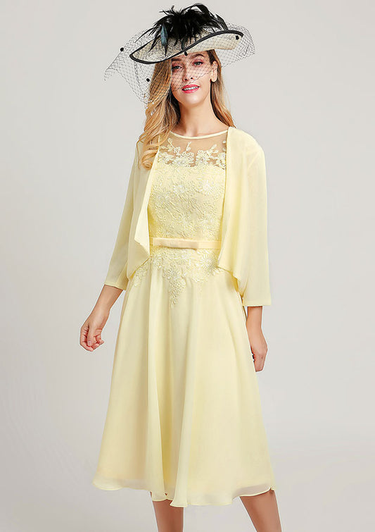 Butter Chiffon A-Line Illusion Neck Back Zip Tea-Length Dress