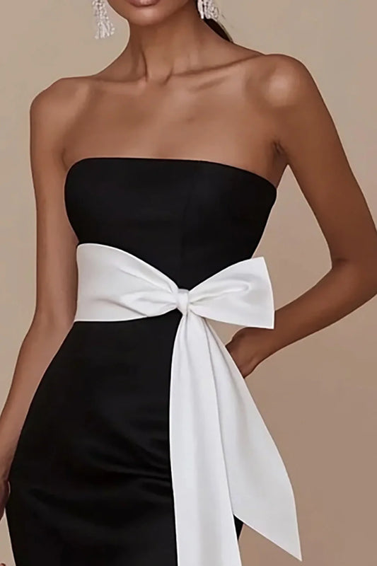 Elegant Black White Satin Sheath Strapless Bow with Slit Long Formal Dress Hot Sale Evening Dresses