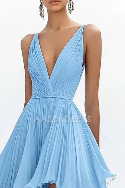 AABEI DRESS Hot Sale Prom Dress A Line Deep V-Neck Ruched High-Low Chiffon Exquisite Formal Dress