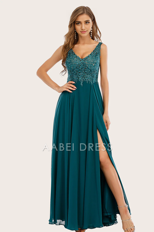 AABEI DRESS Hot Sale Prom Dress Elegant Chiffon A Line V Neck Backless Side Fork Long Formal Dress