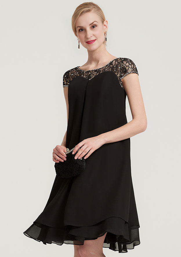 Simple Wedding Guest Dresses Black Chiffon A-line Boat Neck Short Sleeve With Beading Tiers Ruffles Knee-Length Bargain Mother of the Bride Dress