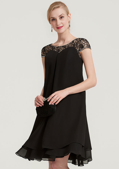 Simple Wedding Guest Dresses Black Chiffon A-line Boat Neck Short Sleeve With Beading Tiers Ruffles Knee-Length Bargain Mother of the Bride Dress