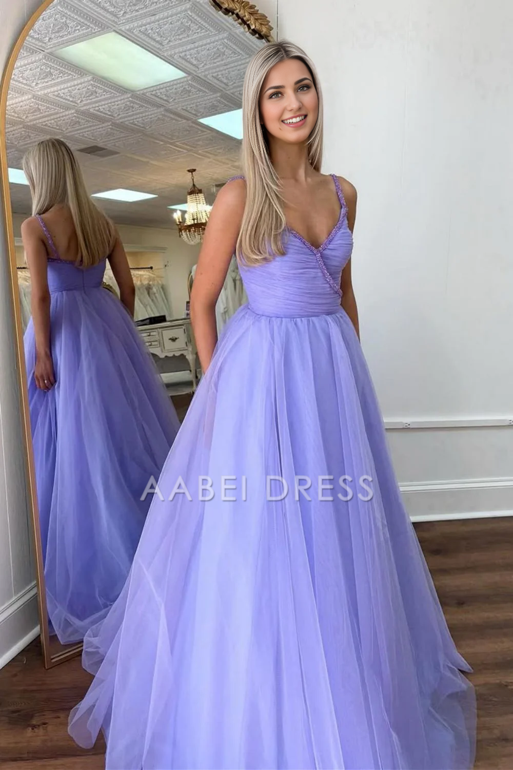 AABEI DRESS Hot Sale Prom Dress Princess A-Line V Neck Spaghetti Straps Long Tulle Elegant Formal Dress