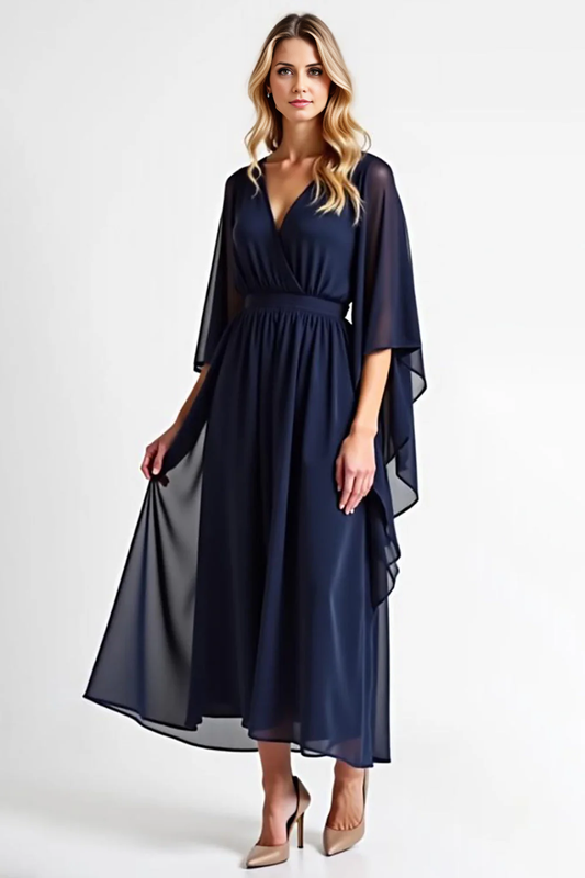 AABEI DRESS Mother Of The Bride Dress Simple Chiffon V Neck Long Sleeves Ruched Formal Wear Dresse