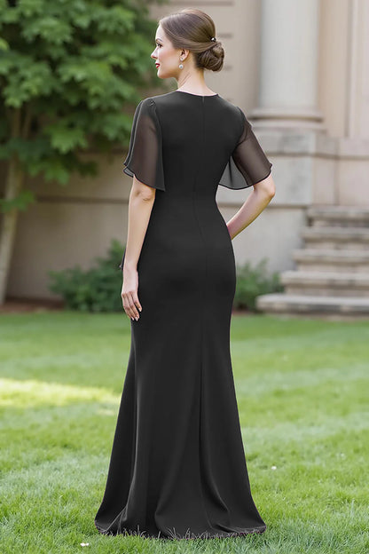 Wedding Guest Dress Black Sheath Round Neck Flutter Short Sleeves Ruched Elegant Hot Sale Long Mother of the Bride Dress