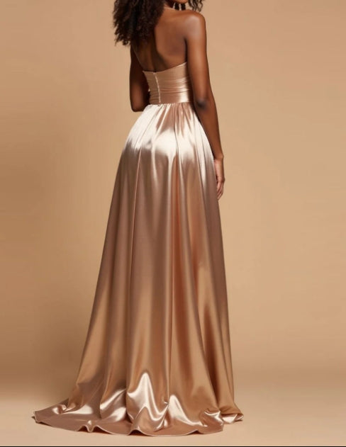 AABEI DRESS Hot Sale Prom Dress Sexy A Line Halter Sweetheart Pleated Backless Side Fork Long Formal Dress