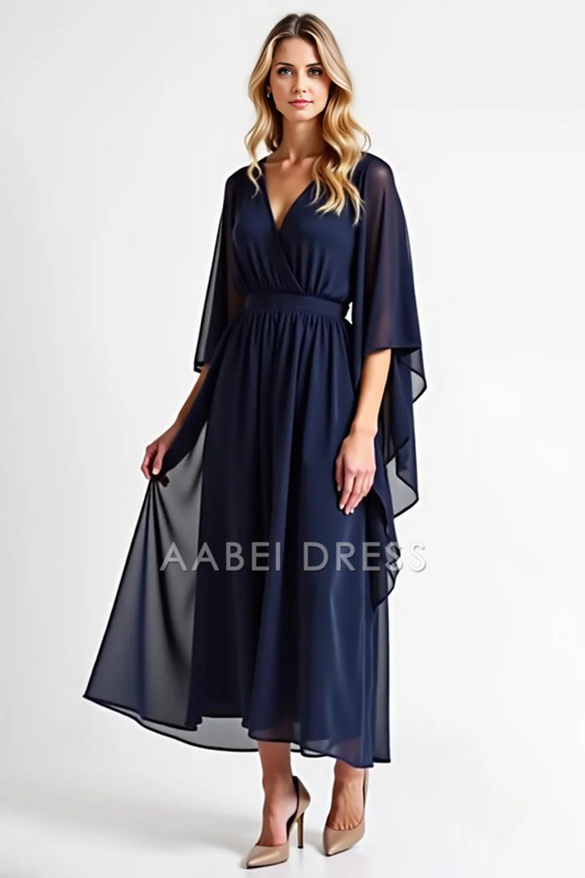 AABEI DRESS Mother Of The Bride Dress Simple Chiffon V Neck Long Sleeves Ruched Formal Wear Dresse