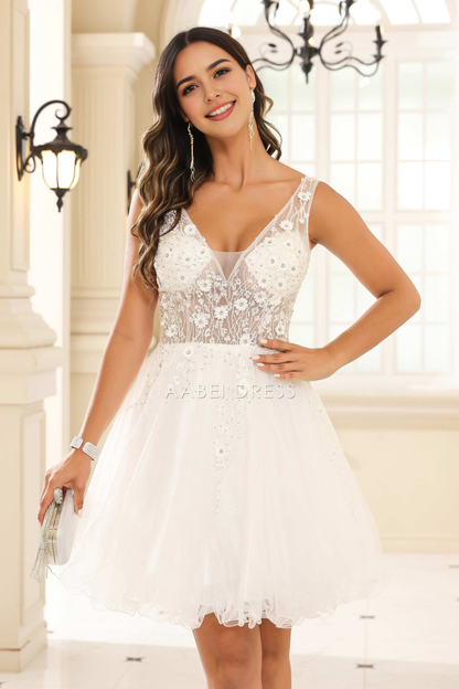 AABEI DRESS Short Dress Exquisite A-Line V-Neck Sleeveless Applique Tulle Romantic New Homecoming Dress