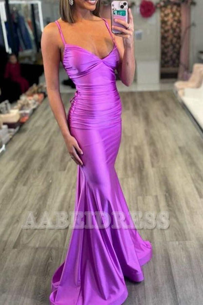 Evening Dress V-Neck Spaghetti Strap Mermaid Cultivate oneself Sweep Train Backless with Lace-Up Back Formal Women's Dresses
