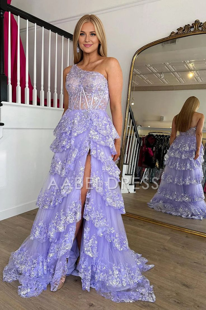 AABEI DRESS Prom Dress Mermaid One Shoulder Tulle Tiered Sequins Appliques High Quality Formal Dress