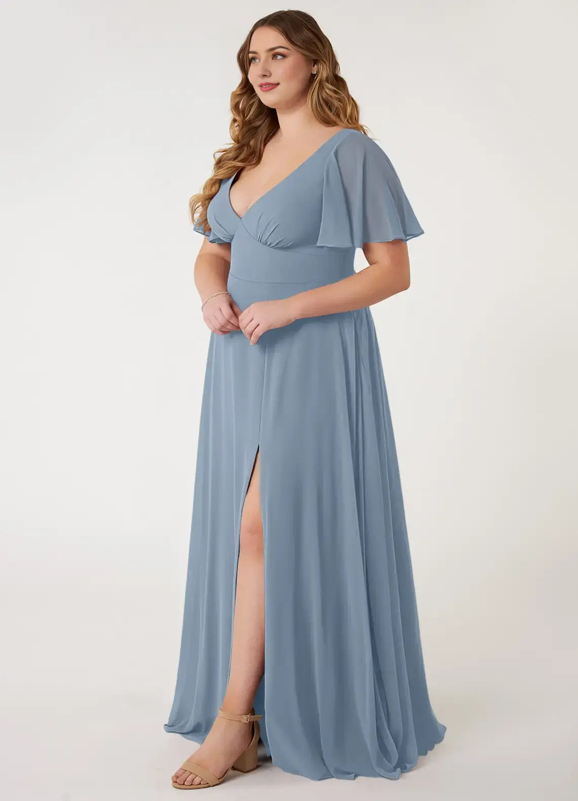 Wedding Guests Dresses Dusty Blue A-Line Deep V Neck Flounce Sleeve Chiffon Side Fork Floor-Length Elegant Plus Size Formal Dress Discount Hot Sale Prom Dress