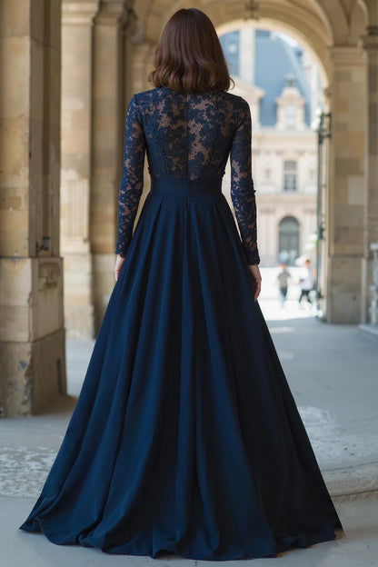 Navy A-Line High Neck Long Sleeves Chiffon with Lace Elegant Long Wedding Guest Dress For Women Hot Sale Mother of the Bride Dress