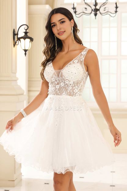 AABEI DRESS Short Dress Exquisite A-Line V-Neck Sleeveless Applique Tulle Romantic New Homecoming Dress
