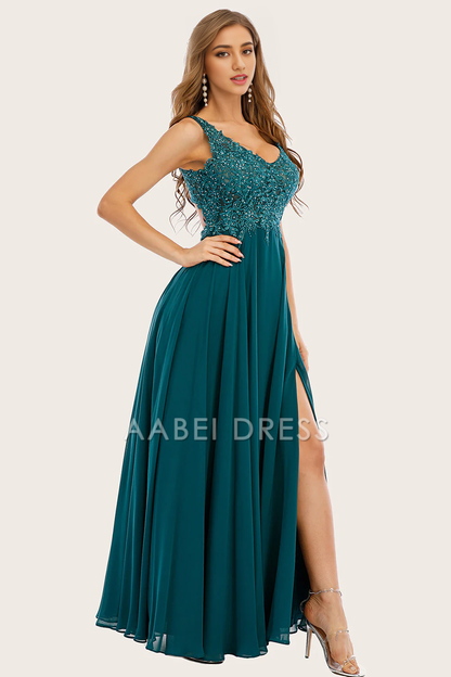 AABEI DRESS Hot Sale Prom Dress Elegant Chiffon A Line V Neck Backless Side Fork Long Formal Dress