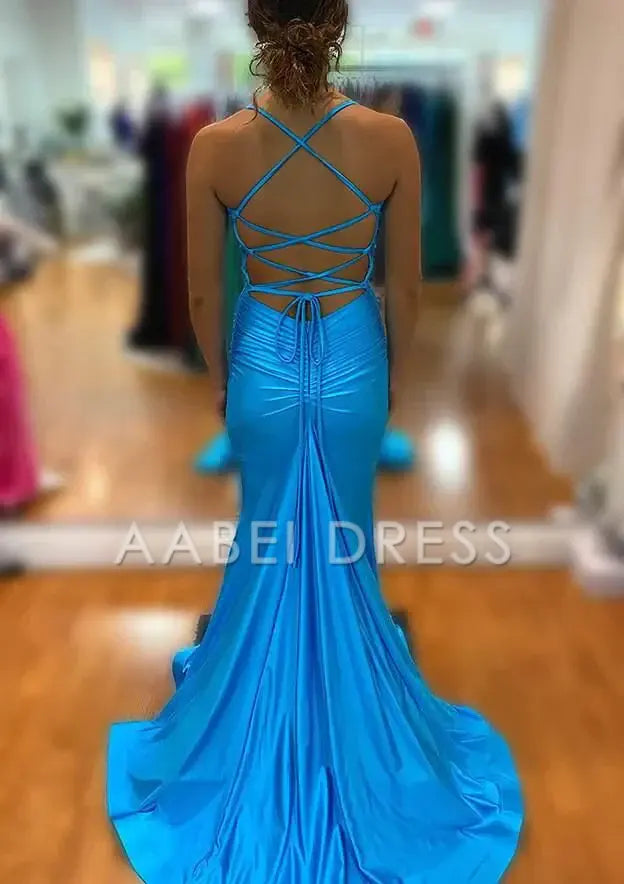AABEI DRESS Prom Dress Charming Mermaid V Neck Spaghetti Strap Satin Backless Side Fork Sexy Formal Dress