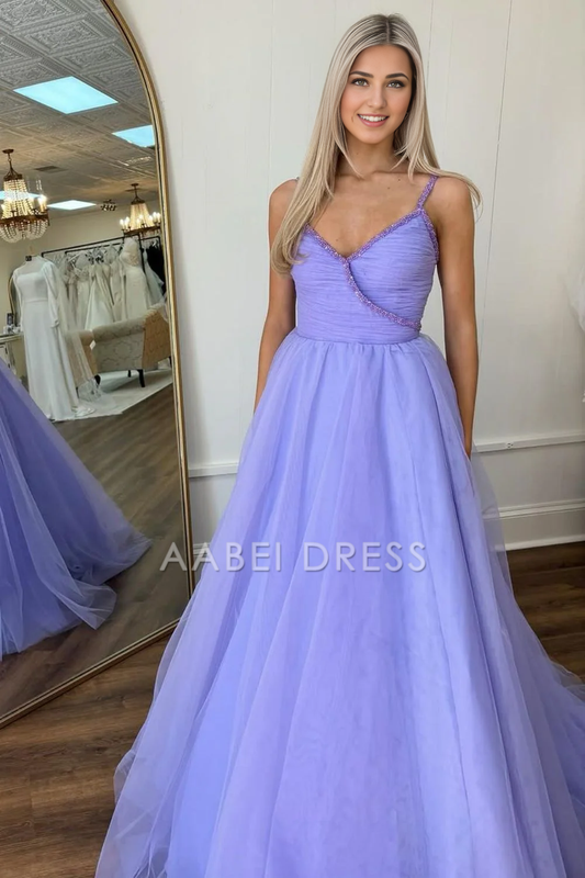 AABEI DRESS Hot Sale Prom Dress Princess A-Line V Neck Spaghetti Straps Long Tulle Elegant Formal Dress