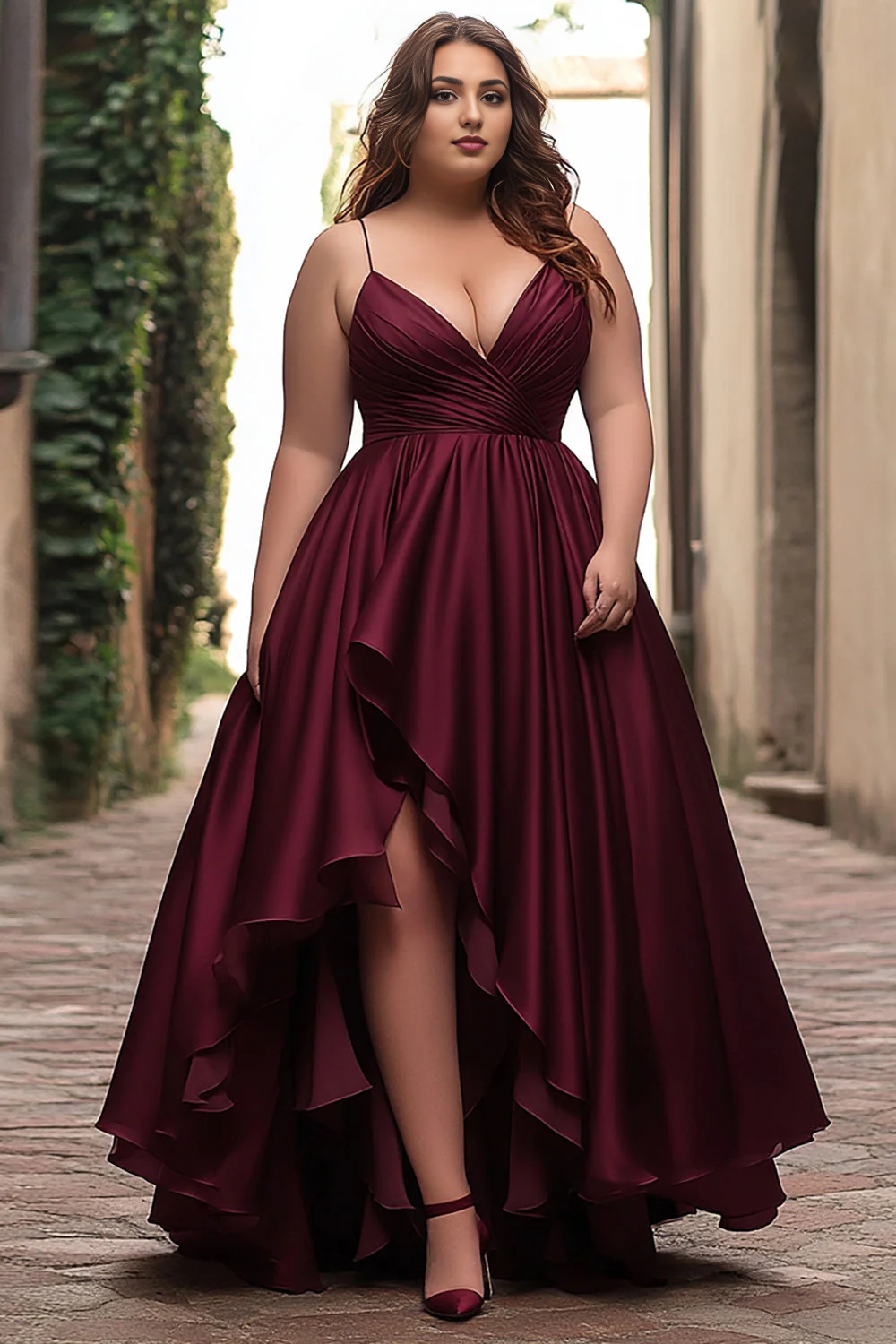 AABEI DRESS Hot Sale Prom Dress A Line V-Neck Spaghetti Strap Satin Pleated High-Low Charming Formal Dress