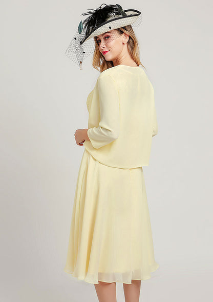 Elegant Wedding Guest Dresses Yellow Chiffon A-line Scoop Neck Sleeveless Lace Applique Sashes With Long Sleeves Jacket Two-Piece Tea-Length Bargain Mother of the Bride Dress