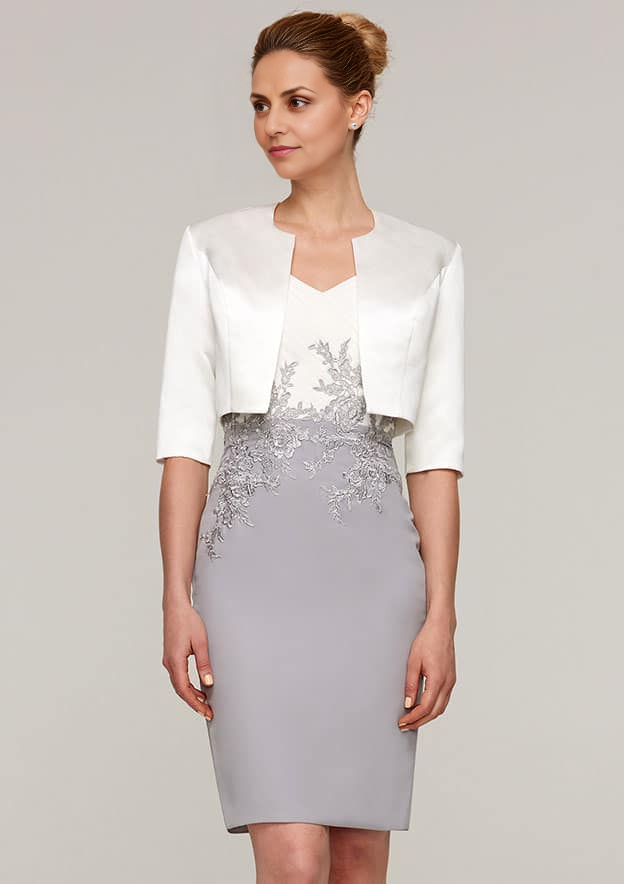Classic Vintage Wedding Guest Dresses Chiffon Sheath/Column V Neck Short Sleeve Pleated Lace Appliqued With Half Sleeve Jacket Two-Piece Knee-Length Bargain Mother of the Bride Dress