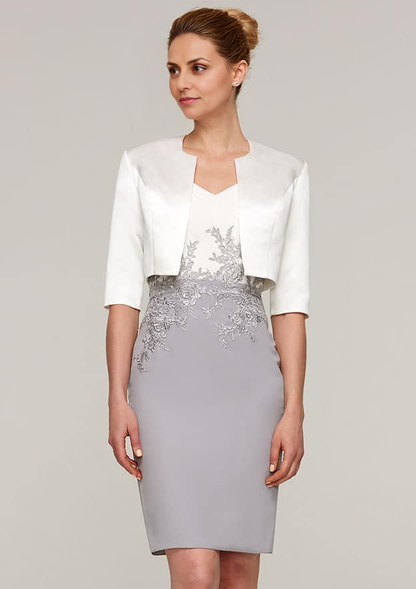 Classic Vintage Wedding Guest Dresses Chiffon Sheath/Column V Neck Short Sleeve Pleated Lace Appliqued With Half Sleeve Jacket Two-Piece Knee-Length Bargain Mother of the Bride Dress
