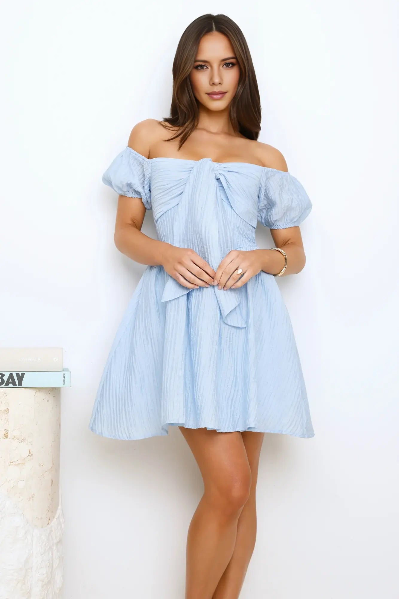 Light blue A Line off shoulder bow decoration bubble sleeve sweet Cute Mini Dress Hot Sale Homecoming Dress