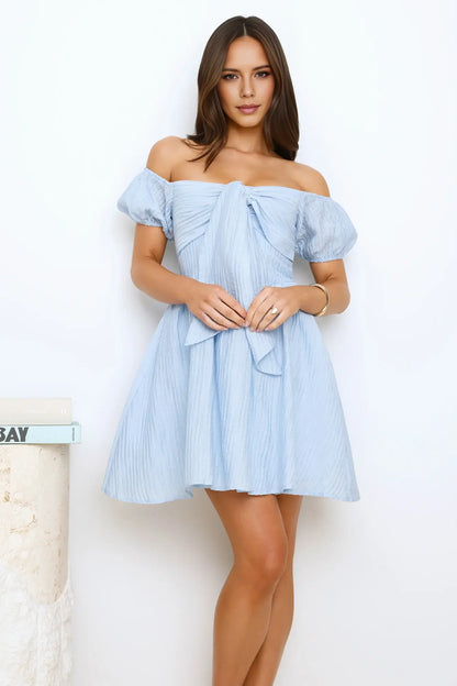 Light blue A Line off shoulder bow decoration bubble sleeve sweet Cute Mini Dress Hot Sale Homecoming Dress