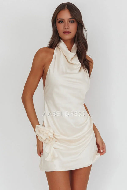 A Line High Cowl Halter Neckline 3D Flower Backless Sexy Mini Dress Hot Sale Homecoming Dress