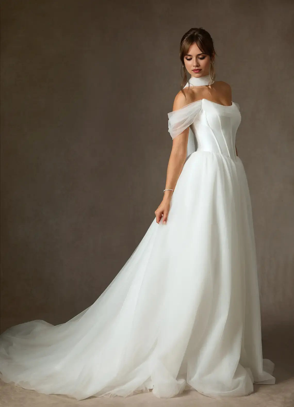 Fashion White Tulle A Line Off Shoulder Scoop Neck Sleeveless With Scarf Ruched Hem Hot Sale Wedding Dress