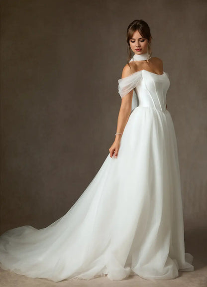 Fashion White Tulle A Line Off Shoulder Scoop Neck Sleeveless With Scarf Ruched Hem Hot Sale Wedding Dress