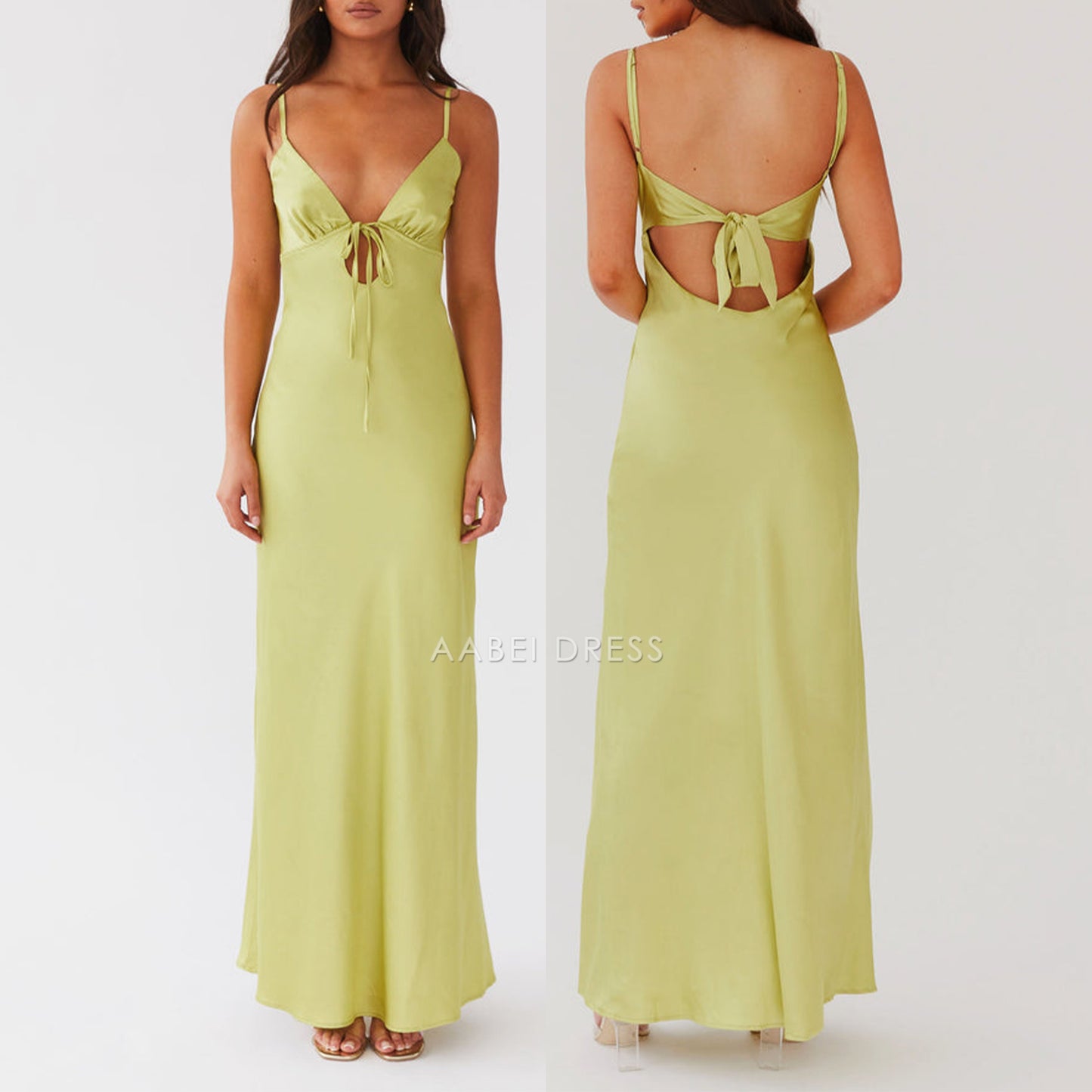 AABEI DRESS Elegant Solid Color Adjustable Thin Shoulder Straps Cutout Tie-Up Front Backless sexy Long Prom Dresses